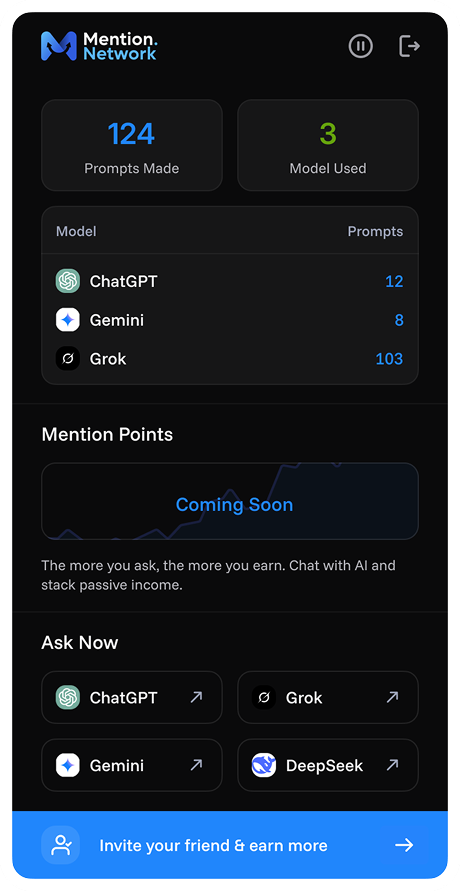 Mention Network browser extension interface preview showing earnings dashboard and AI activity monitoring